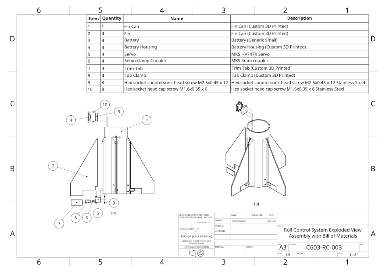 Engineering drawing: exploded view of trim tab roll control components.