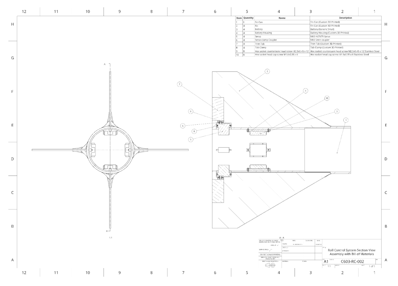 Engineering drawing: section view with dimensions for fin and trim tab.