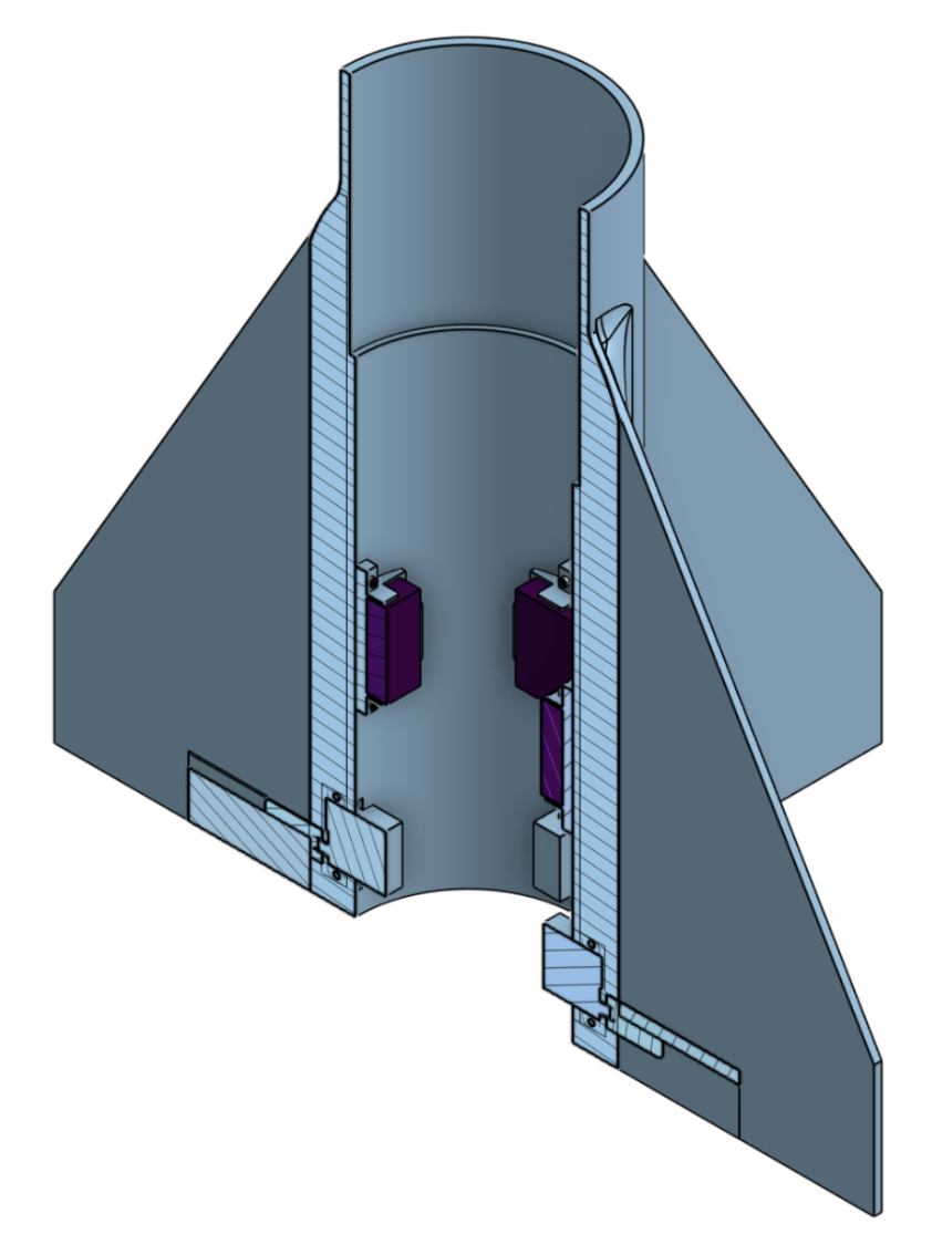 CAD section cut through fin assembly showing internal trim tab layout.